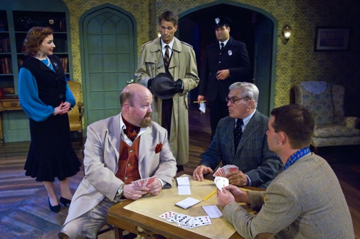 Sonya Cook as Clarissa, Eric Oleson as Inspector Lord and Aaron Fried as Constable Jones.  Foreground:  Dale Young as Sir Rowland, Gerard Pauwels as Hugo and Justin Klose at 